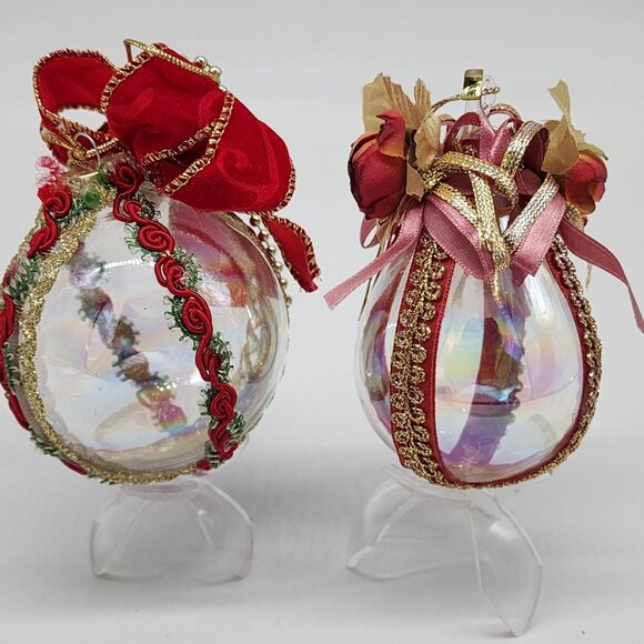 Handmade Glass Christmas Ornaments Red & Gold Ribbon Roses Berries Leaves - Picture 6 of 8